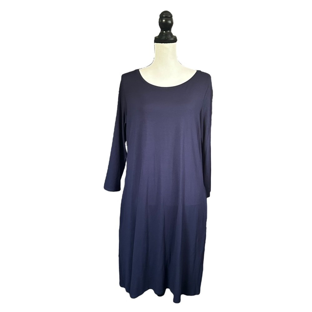 Eileen Fisher Ballet Neck Midi Dress Midnight Blue Minimalist Lagenlook Lg NWT